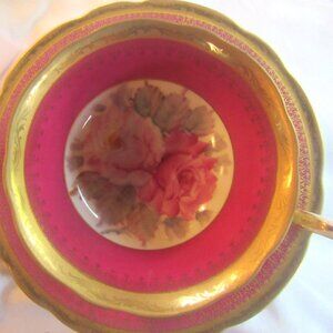 Occupied Japan Tea Cup and Saucer Heavy Gold Gilt Hand Painted Roses Red   H237